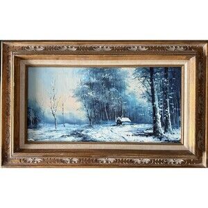 Original Oil Painting Of Winter Scene Cottage In Snowy Forest Framed 20”x32” VTG